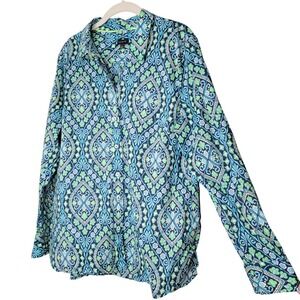 Talbots Shirt Womens Size XL Green Blue Paisley Classic Cotton Button Up L/S Top